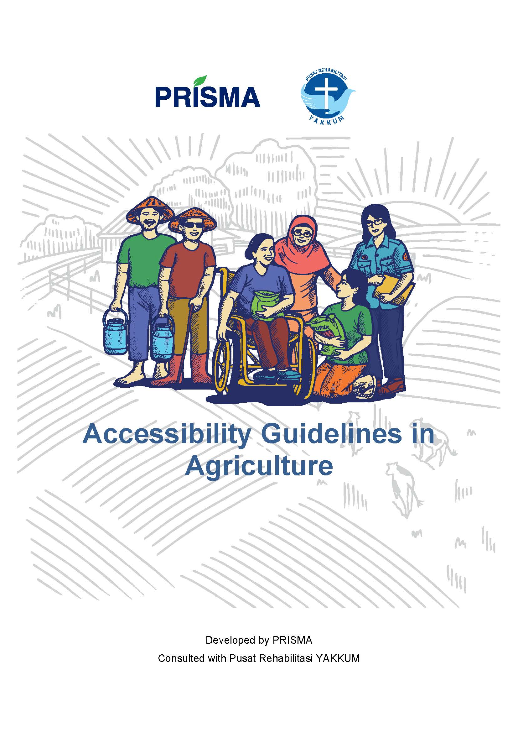 Illustration of actors with disabilities and non-disabled people in the agricultural sector interacting with each other.